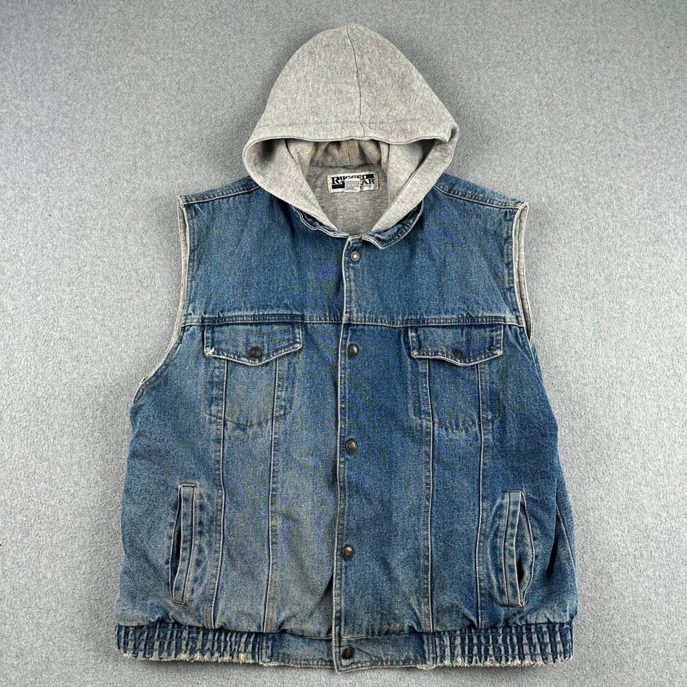 Rugged Wear Denim Vest Mens XL Blue Hooded Snap Front